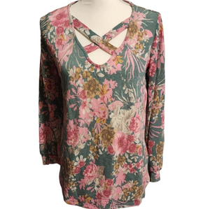 White birch‎ floral crisscross front long sleeve top